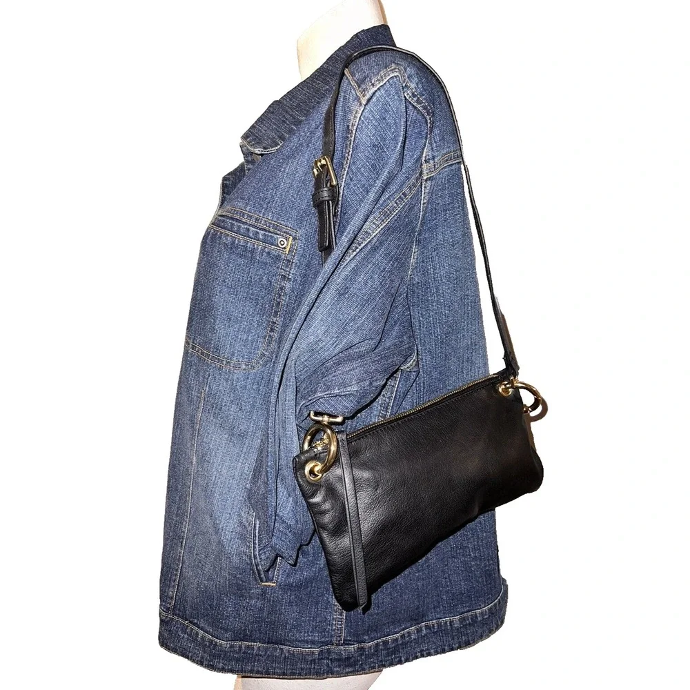 Margot Black Pebbled Leather Crossbody Bag Gold Hardware Adjustable Strap Slim